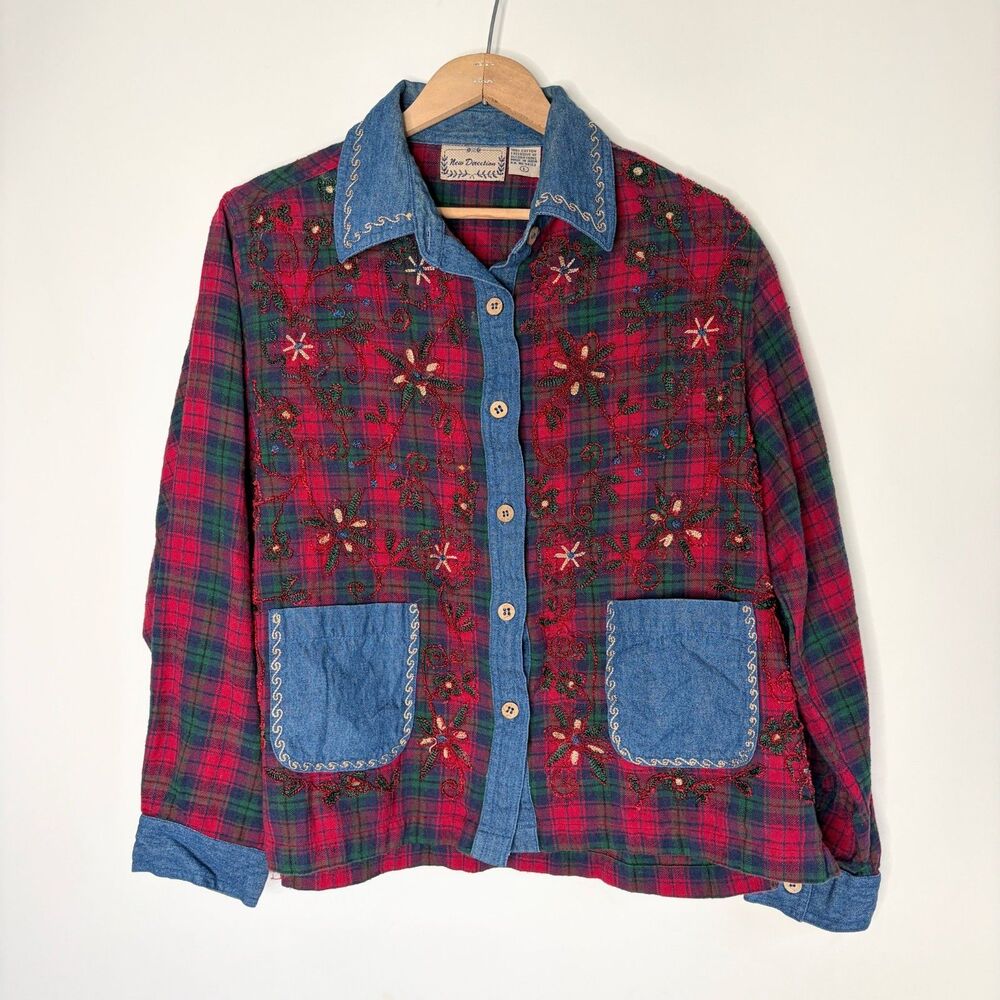 Vintage New Directions Button Up Plaid Denim Embroidered Floral Women Large